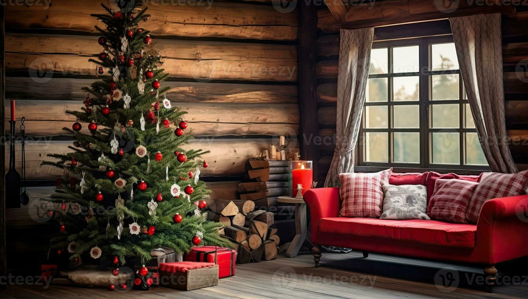 Weihnachten Baum und rot Sofa im das Innere von ein hölzern Haus. ai generiert. foto