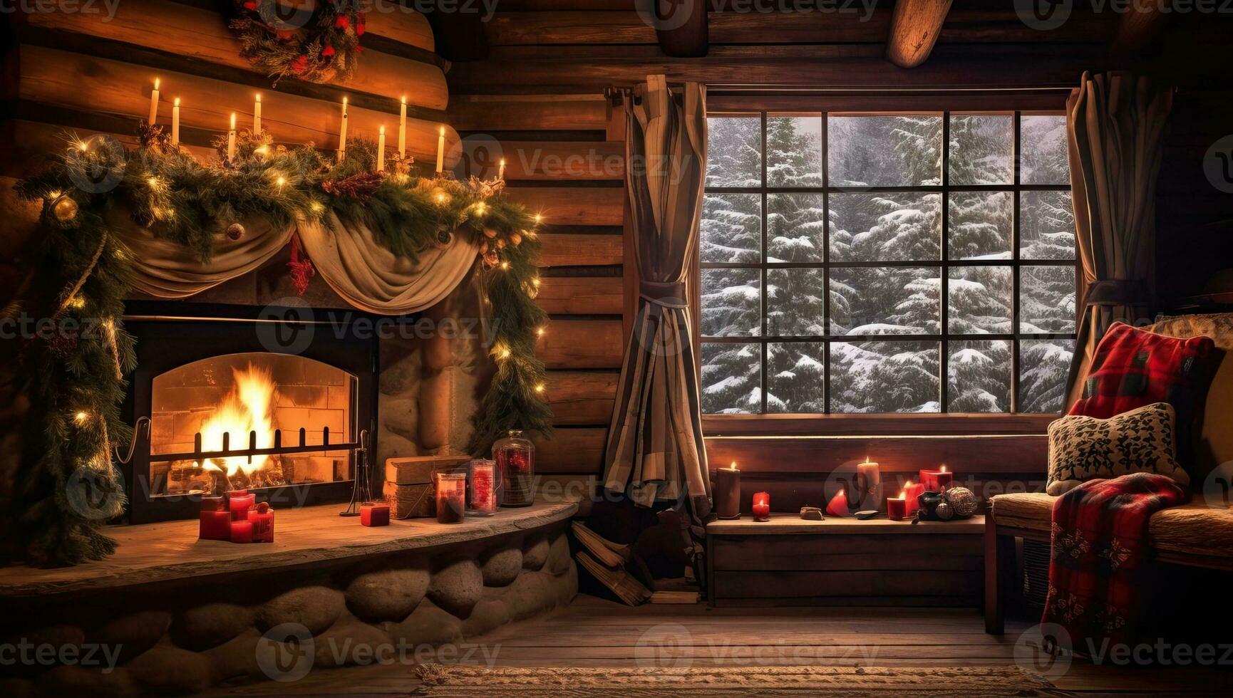 Innere von ein Log Haus mit Kamin und Weihnachten Dekorationen. ai generiert. foto