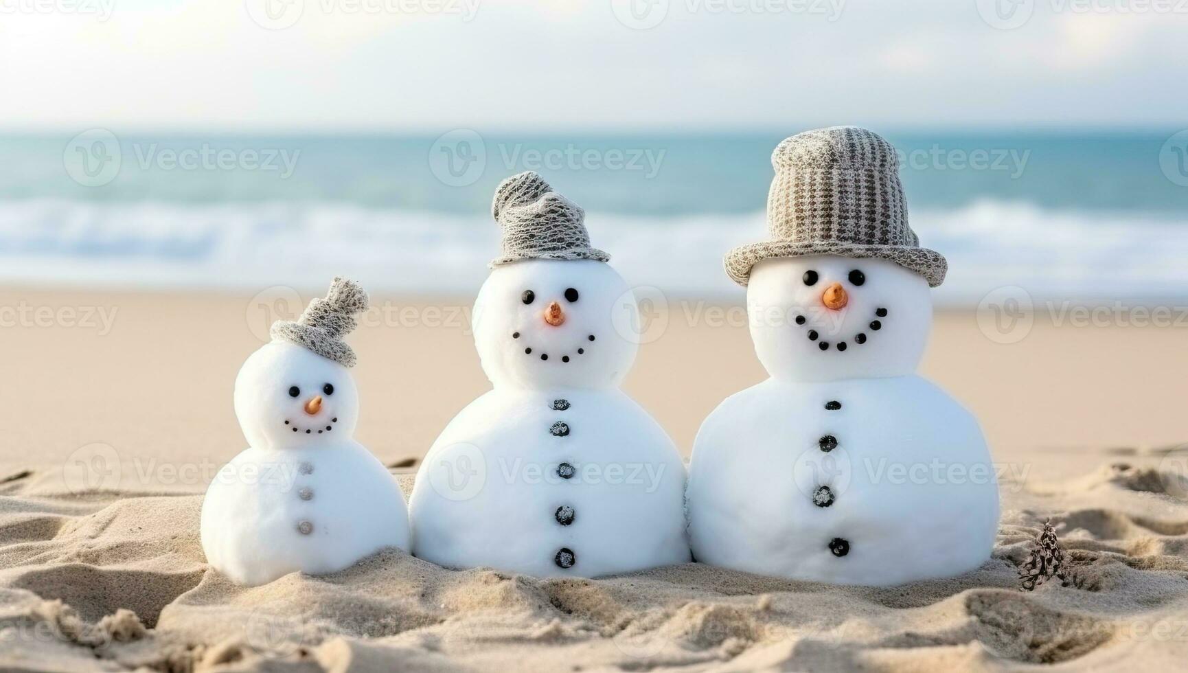 Schneemann Familie auf das Strand mit Meer Hintergrund. Winter Ferien Konzept. ai generiert. foto