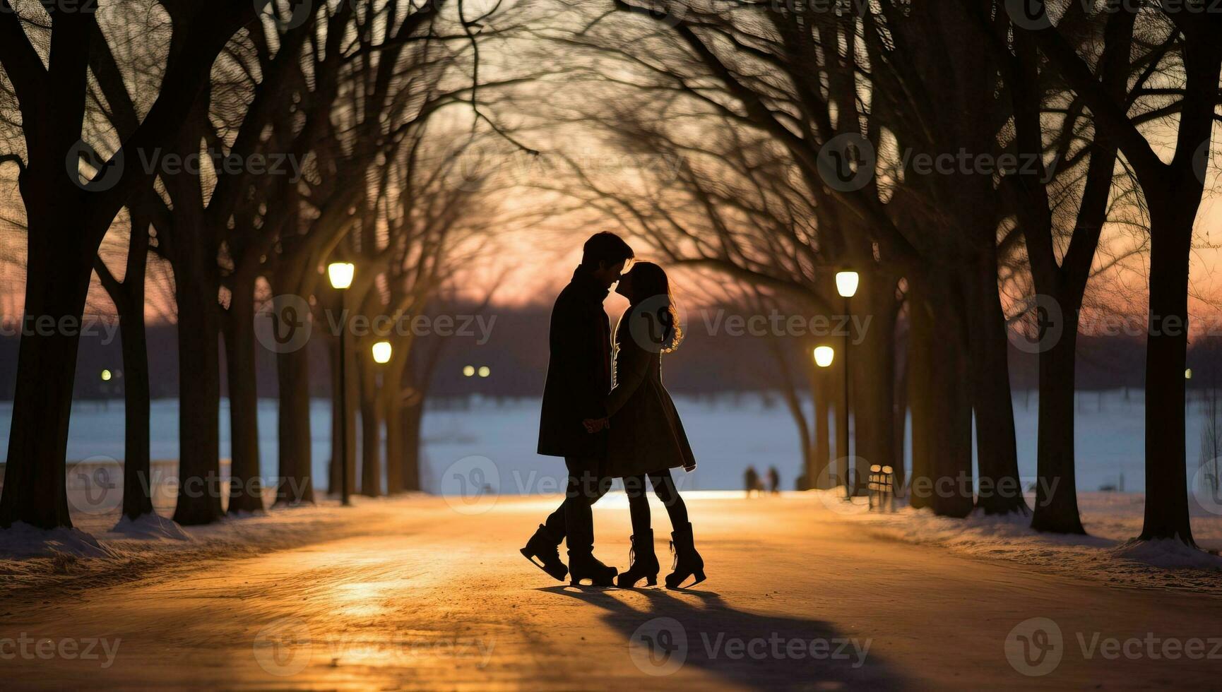 Silhouette von ein jung Paar im Liebe auf ein Winter Abend. ai generiert. foto