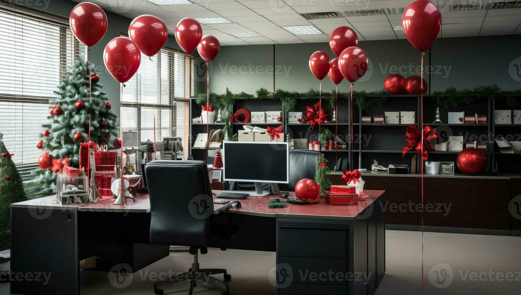 Büro Innere mit Weihnachten Baum und Dekorationen. ai generiert. foto