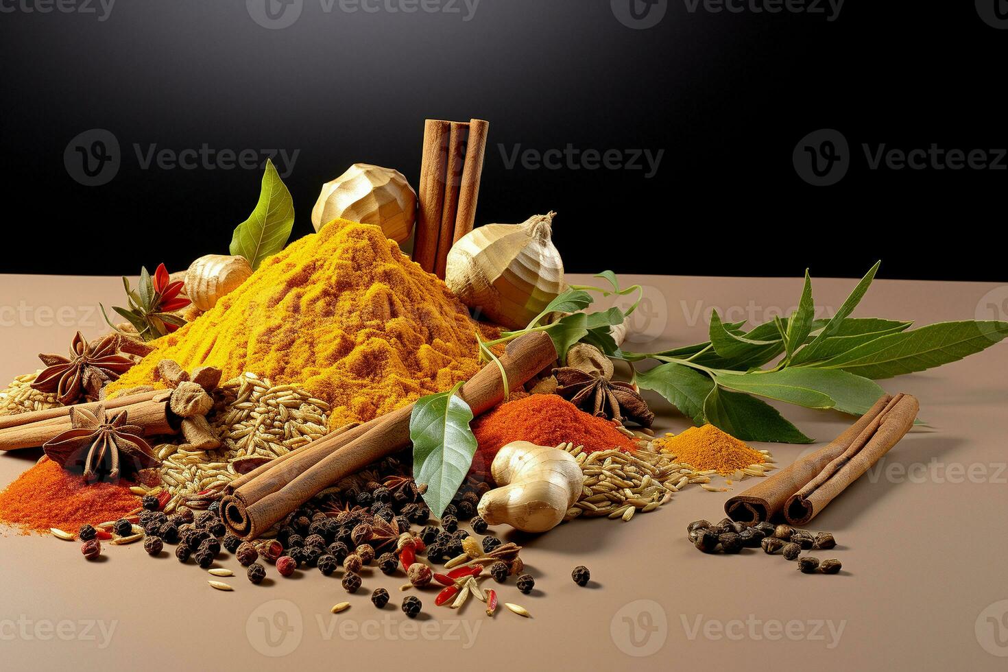 Essen Gewürze im beschwingt Farben auf ein hölzern Tisch. ai generiert foto