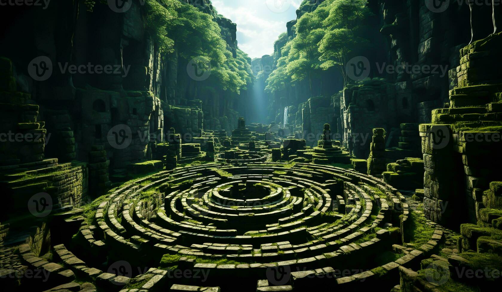 Fantastisch Wald mit ein enorm Grün Labyrinth innen. ai generiert foto