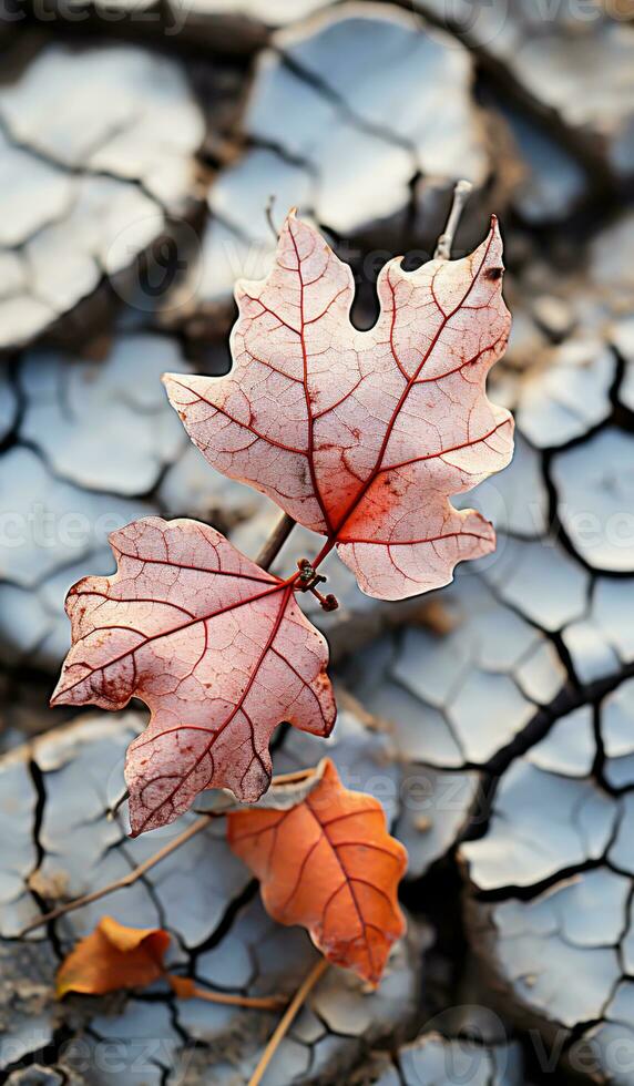 trocken, geknackt Pflaster mit Herbst Blätter. ai generiert foto