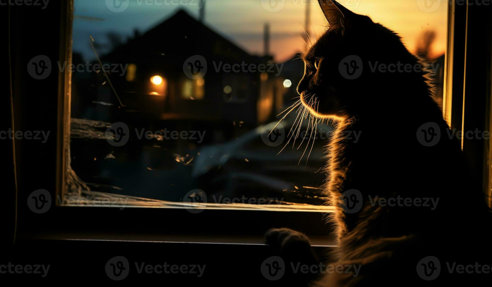 schön Bild mit das Silhouette von ein Katze im das Fenster, gegen das Licht, beim Sonnenuntergang. ai generiert foto