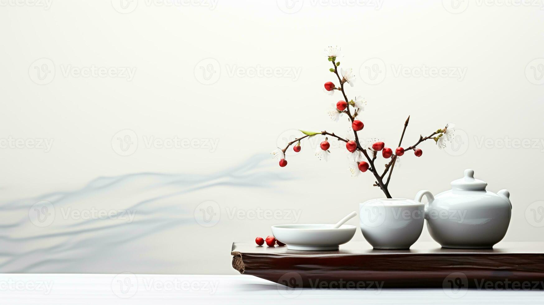 orientalisch Minimalismus immer noch Leben mit Topf und Blumen im Weiß und Orange Farben.. ai generiert foto