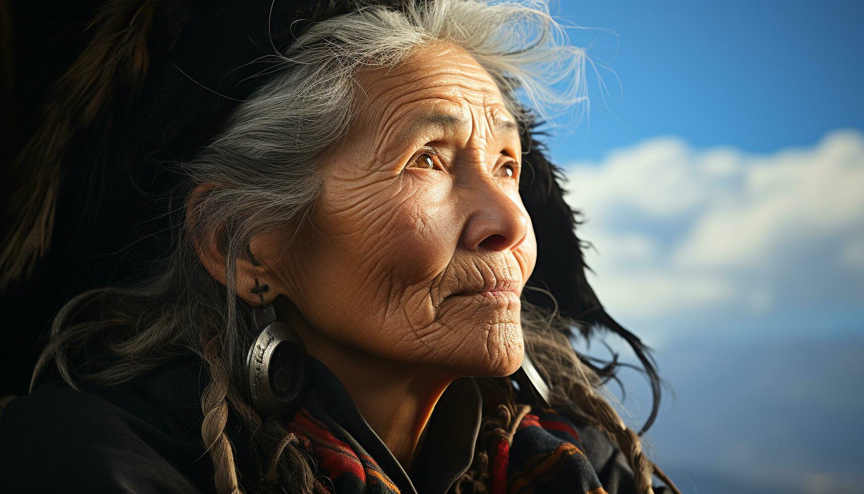 lächelnd Senior Frau im Natur, genießen Pensionierung und Herbst Betrachtung generiert durch ai foto