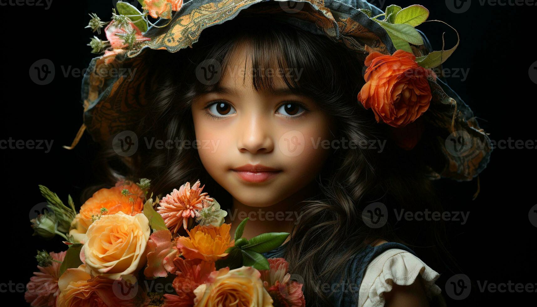 lächelnd Mädchen im süß Kleider halt ein klein Blume Strauß generiert durch ai foto