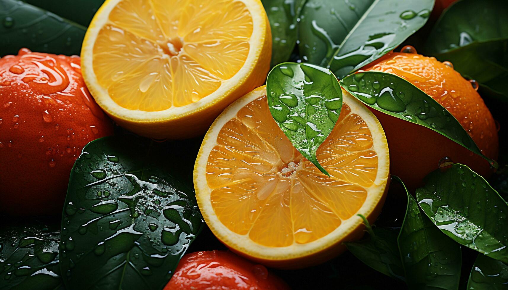 Frische von Zitrusfrüchte Frucht, nass Blatt, gesund Essen im Natur generiert durch ai foto