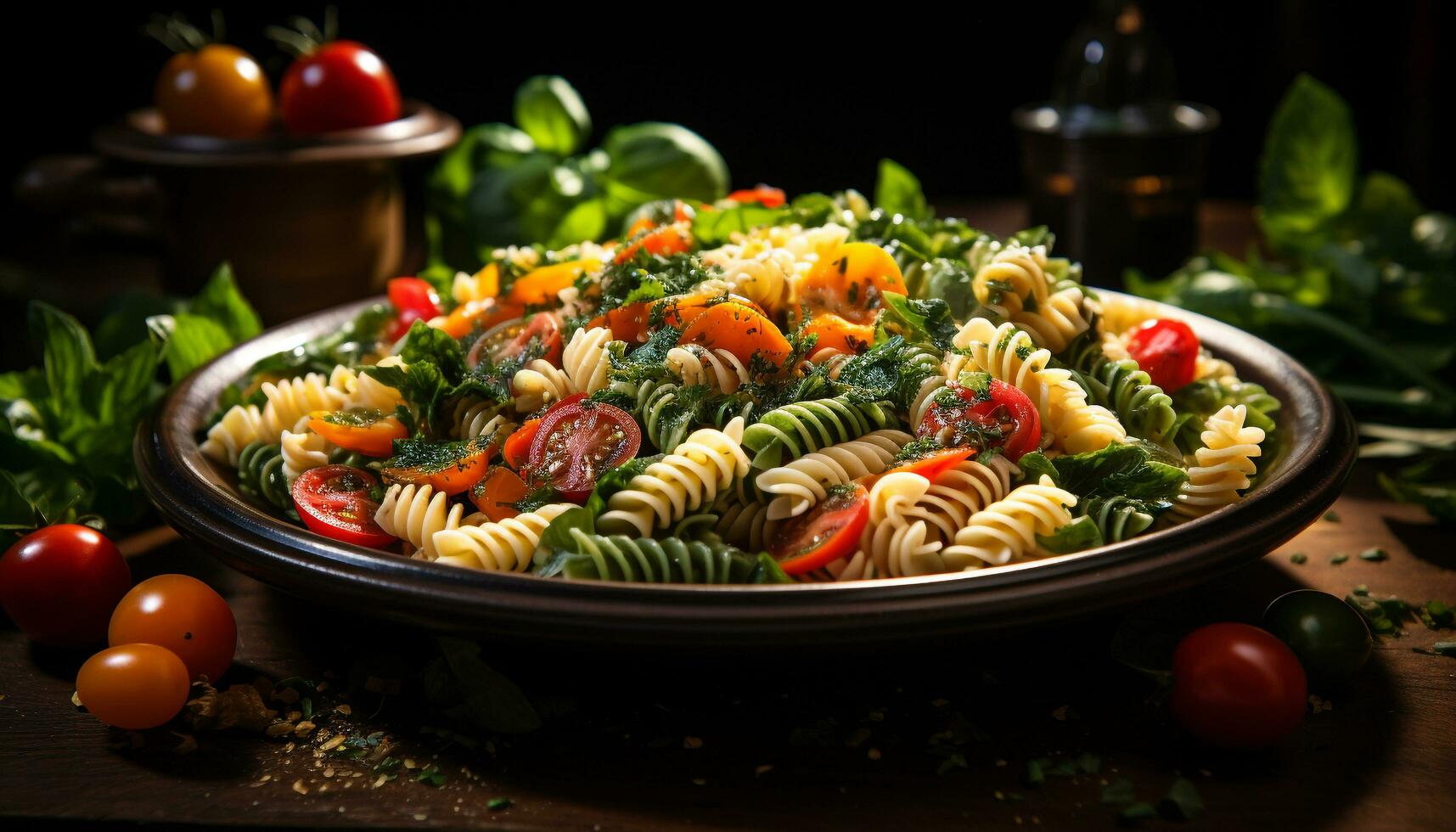 gesund Essen frisch, hausgemacht Vegetarier Pasta Salat auf hölzern Tabelle generiert durch ai foto