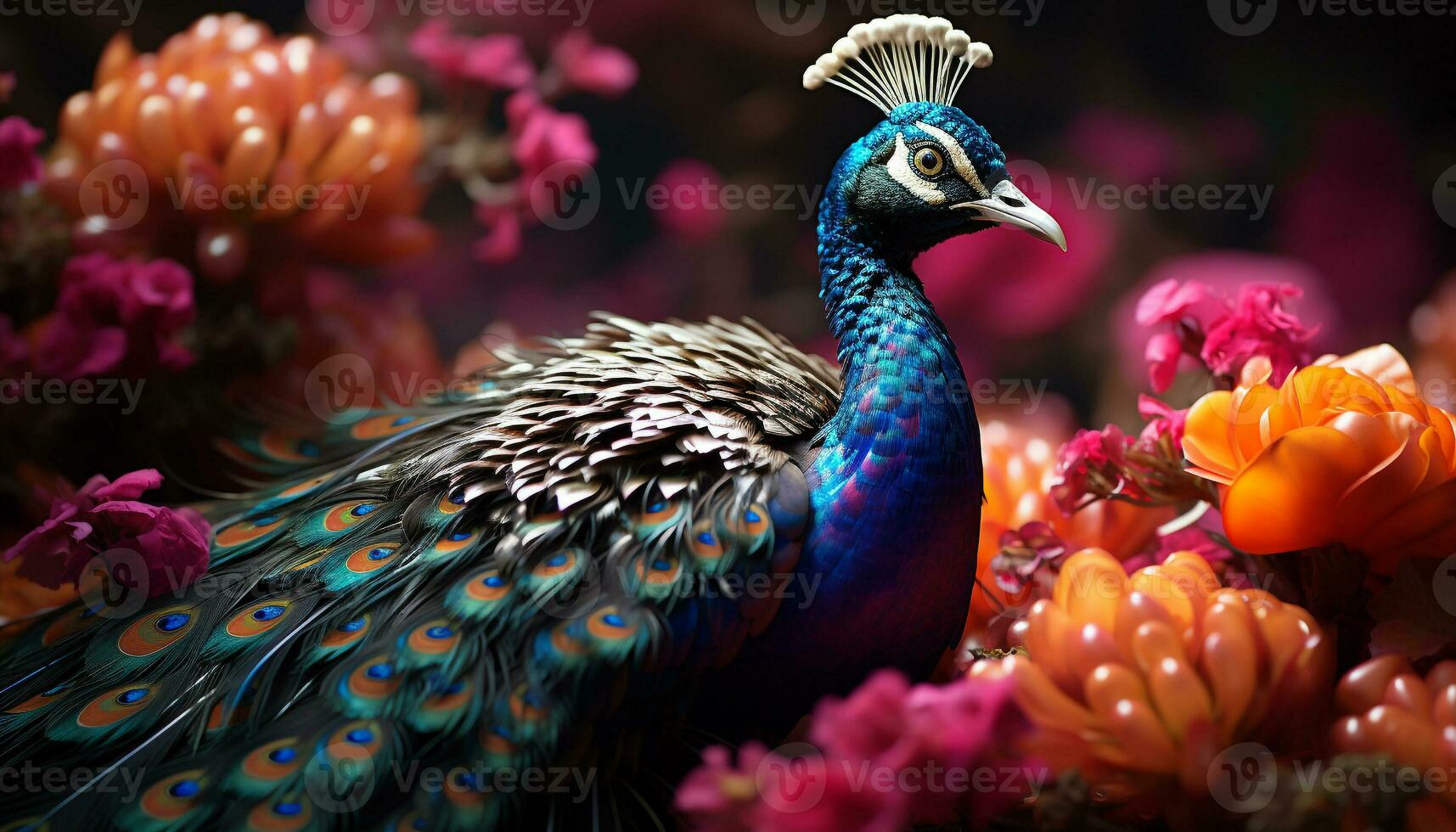 beschwingt Pfau Anzeigen majestätisch Schönheit im Natur bunt Porträt generiert durch ai foto