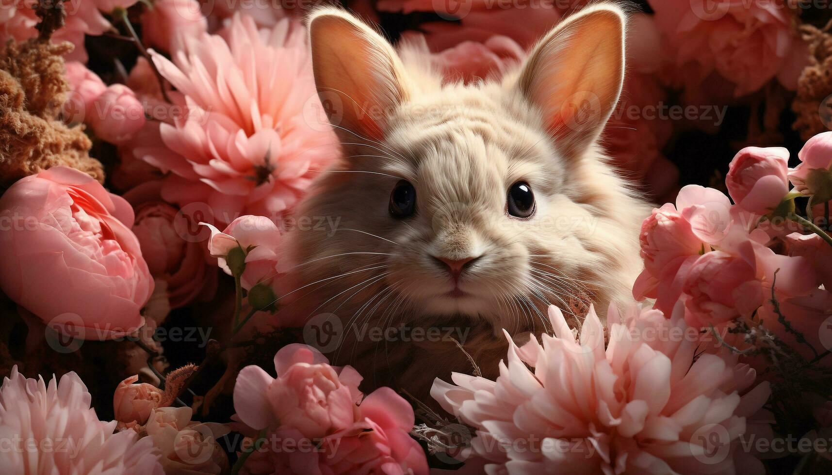 süß Baby Hase Sitzung im Gras, suchen beim Blume generiert durch ai foto