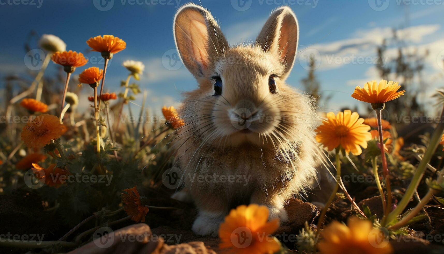 süß Hase Sitzung im Wiese, umgeben durch Gelb Blumen generiert durch ai foto