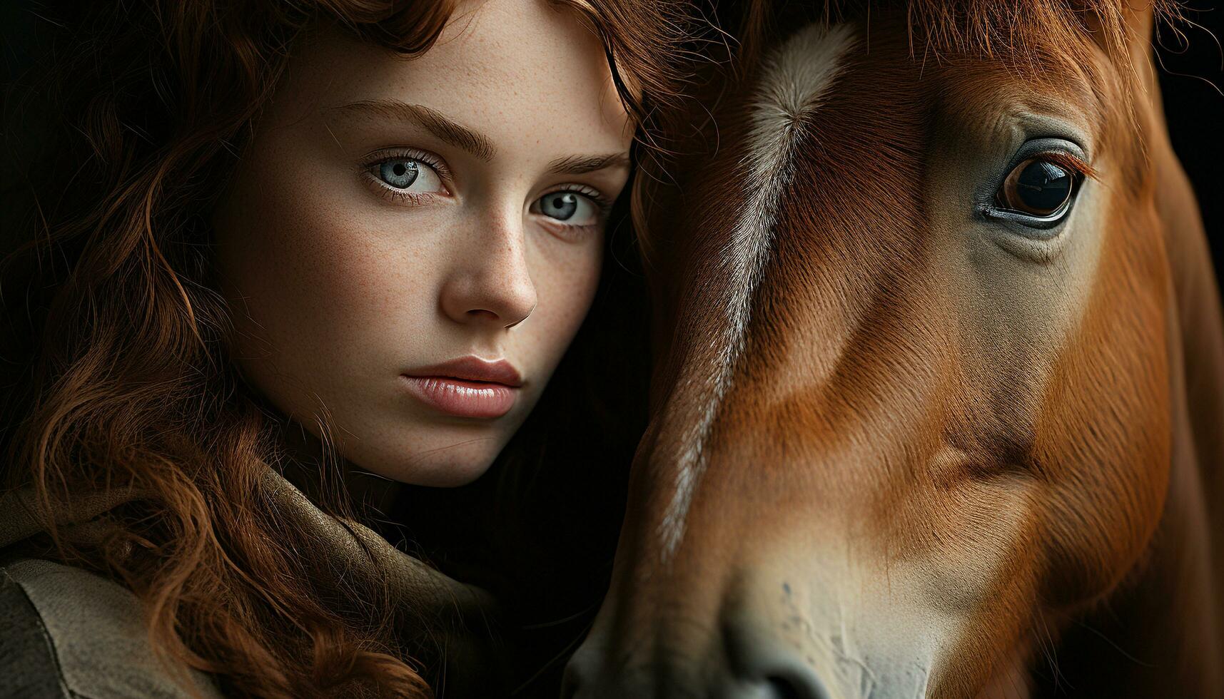 jung Erwachsene Frau suchen beim Kamera, streicheln Pferd Kopf generiert durch ai foto