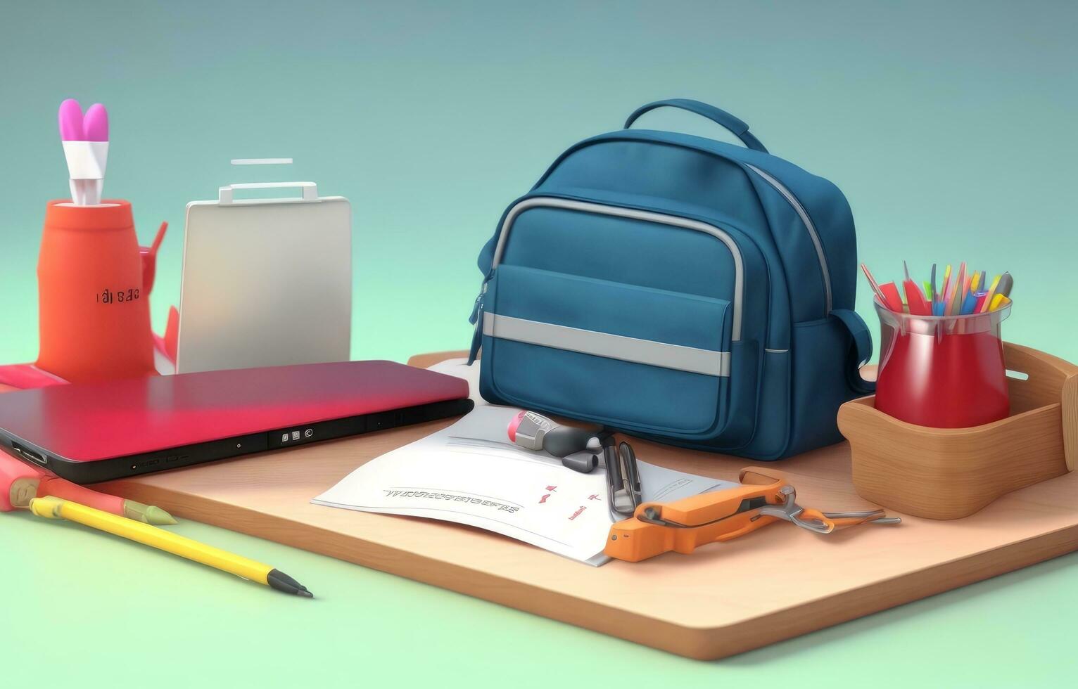 Schule Zubehör mit Schule Tasche mit Kopieren Raum. bereit zum Schule Konzept. 3d Wiedergabe, 3d Illustration. ai generiert foto