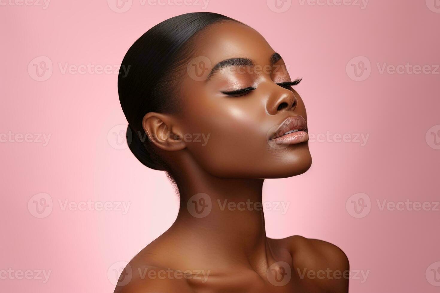Schönheit Porträt von jung afrikanisch amerikanisch Frau auf Rosa Hintergrund ai generiert foto