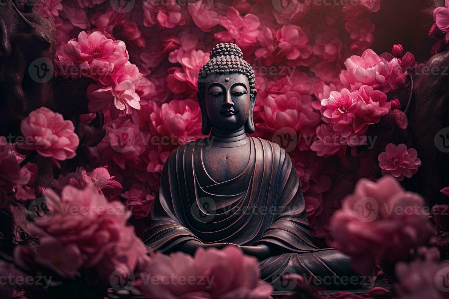 Buddha Statue umgeben durch Rosa Pfingstrose Blumen auf dunkel Hintergrund ai generiert foto