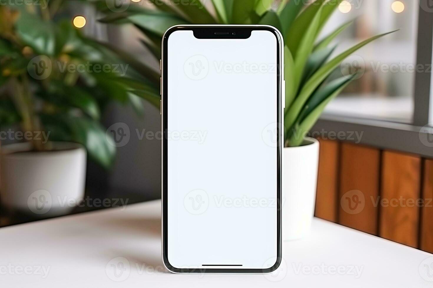 Smartphone Attrappe, Lehrmodell, Simulation mit leer Bildschirm und saftig Pflanze auf hölzern Tabelle ai generiert foto