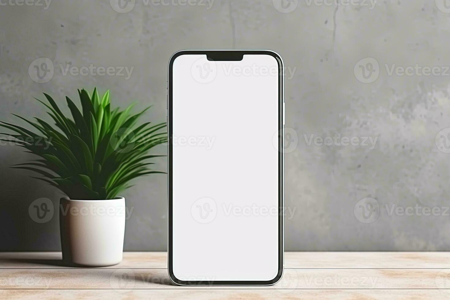 Smartphone Attrappe, Lehrmodell, Simulation mit leer Bildschirm und saftig Pflanze auf hölzern Tabelle ai generiert foto
