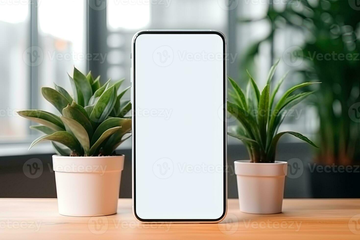 Smartphone Attrappe, Lehrmodell, Simulation mit leer Bildschirm und saftig Pflanze auf hölzern Tabelle ai generiert foto