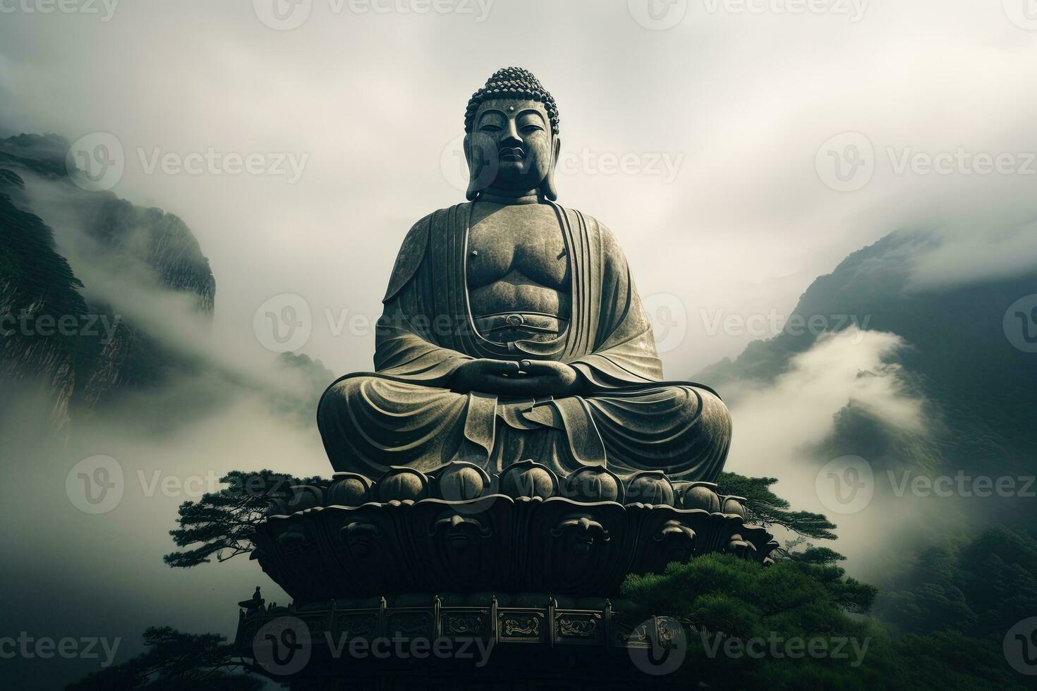 Buddha Statue auf das oben von Berg im neblig Morgen ai generiert foto