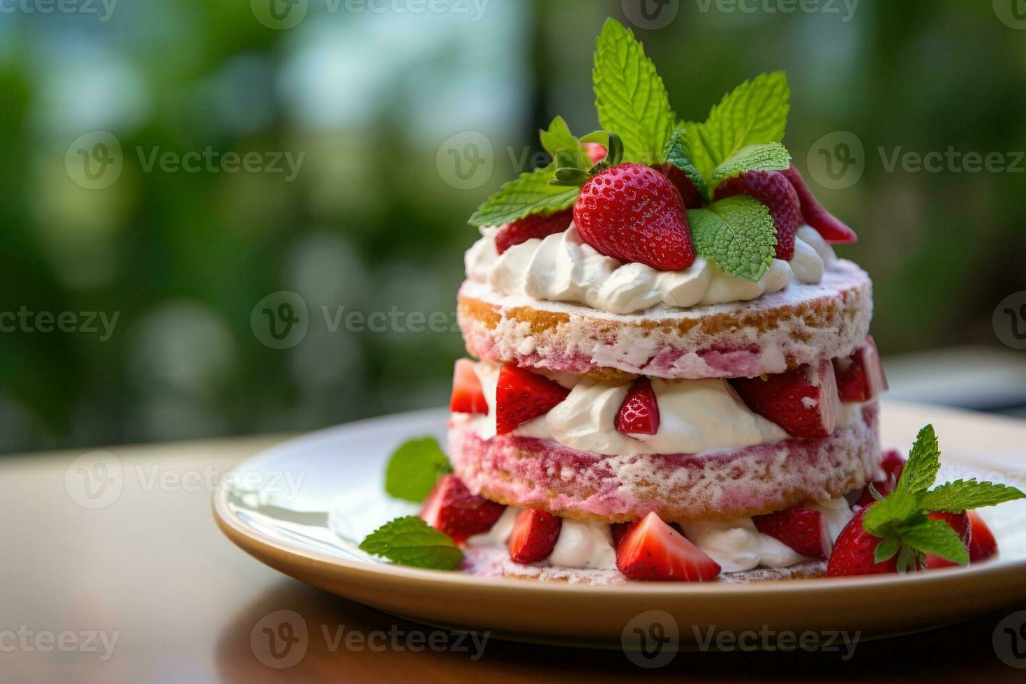 Erdbeere Kuchen mit ausgepeitscht Sahne und frisch Erdbeeren, selektiv Fokus ai generiert foto