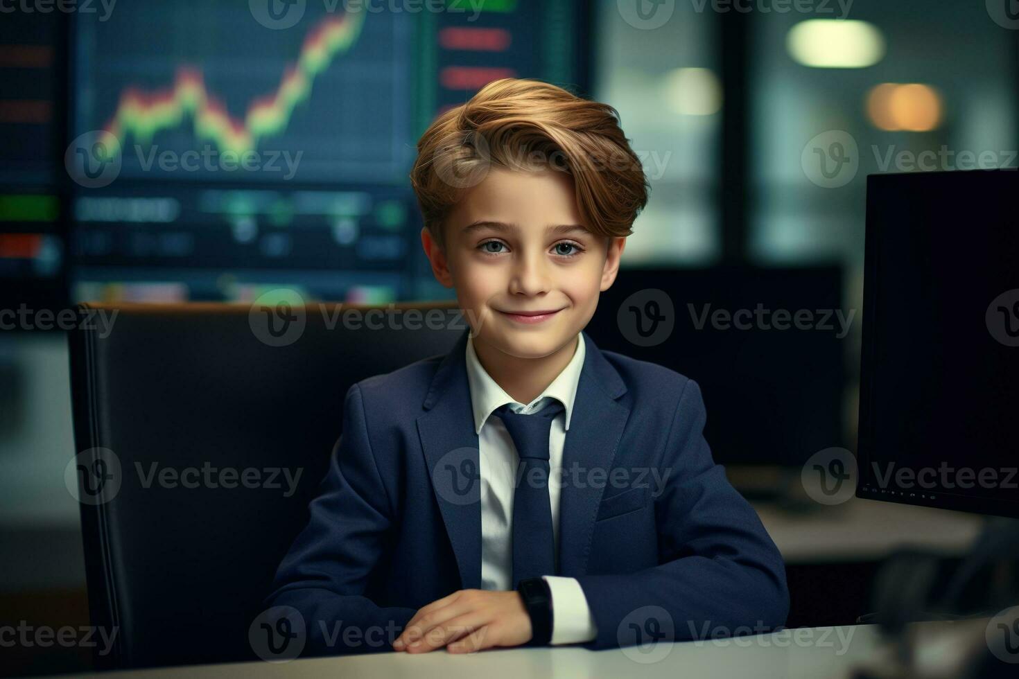 Porträt von ein süß wenig Junge im ein Geschäft passen Sitzung beim das Tabelle im Vorderseite von ein Monitor mit ein Lager Markt Diagramm ai generiert foto