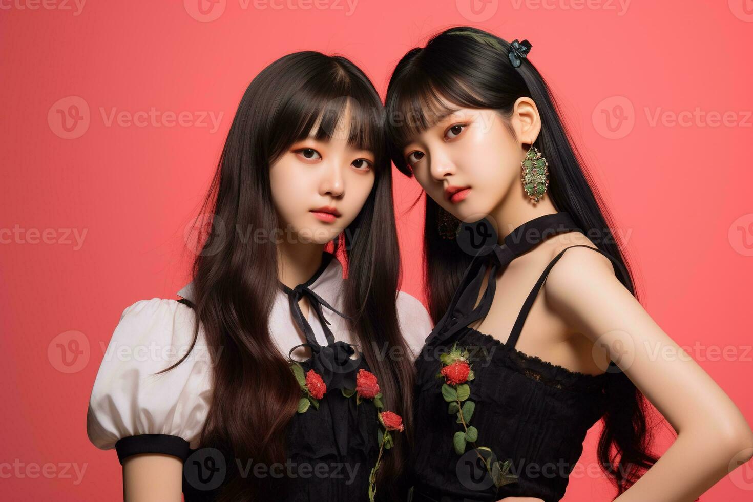 Porträt von zwei schön asiatisch Frauen im schwarz Kleid auf rot Hintergrund ai generiert foto