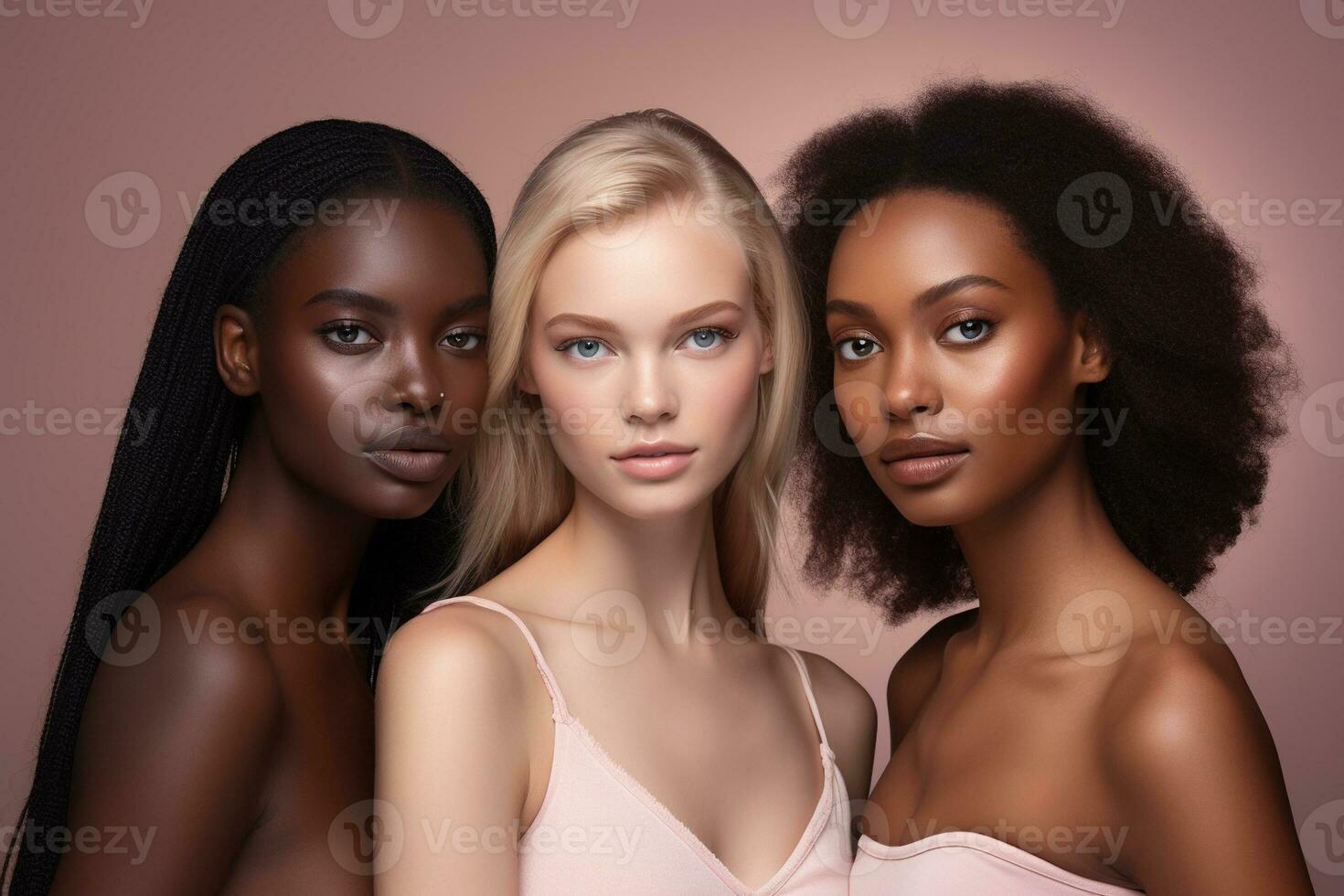 Porträt von drei schön Frauen mit anders Haut Töne auf Rosa Hintergrund ai generiert foto