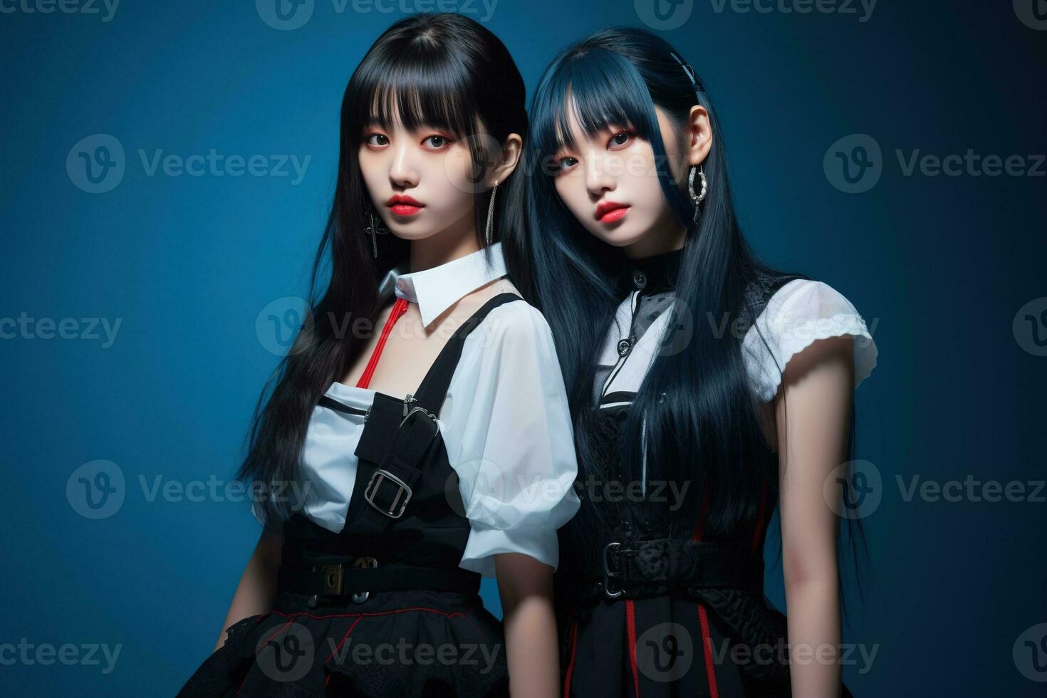 Porträt von zwei schön asiatisch Frauen im Mode Outfits auf Blau Hintergrund ai generiert foto