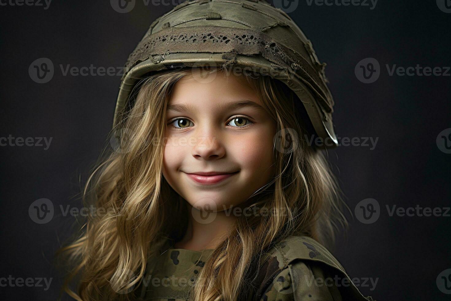 Porträt von ein wenig Mädchen im ein Militär- Uniform. Studio Schuss. ai generiert foto