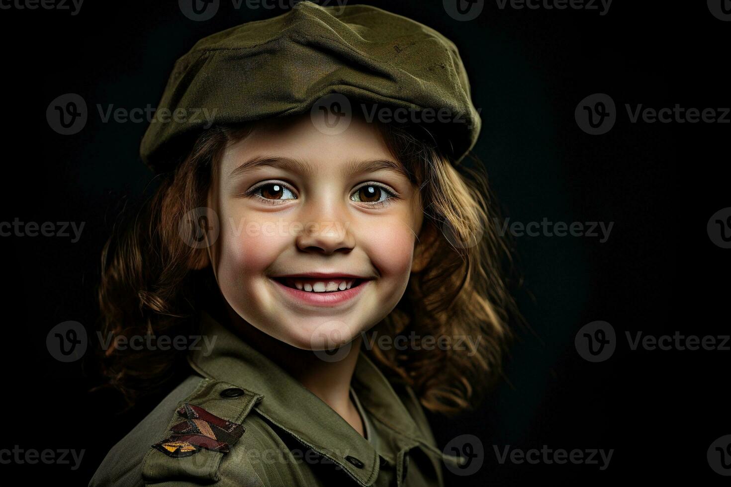 Porträt von ein wenig Mädchen im ein Militär- Uniform. Studio Schuss. ai generiert foto