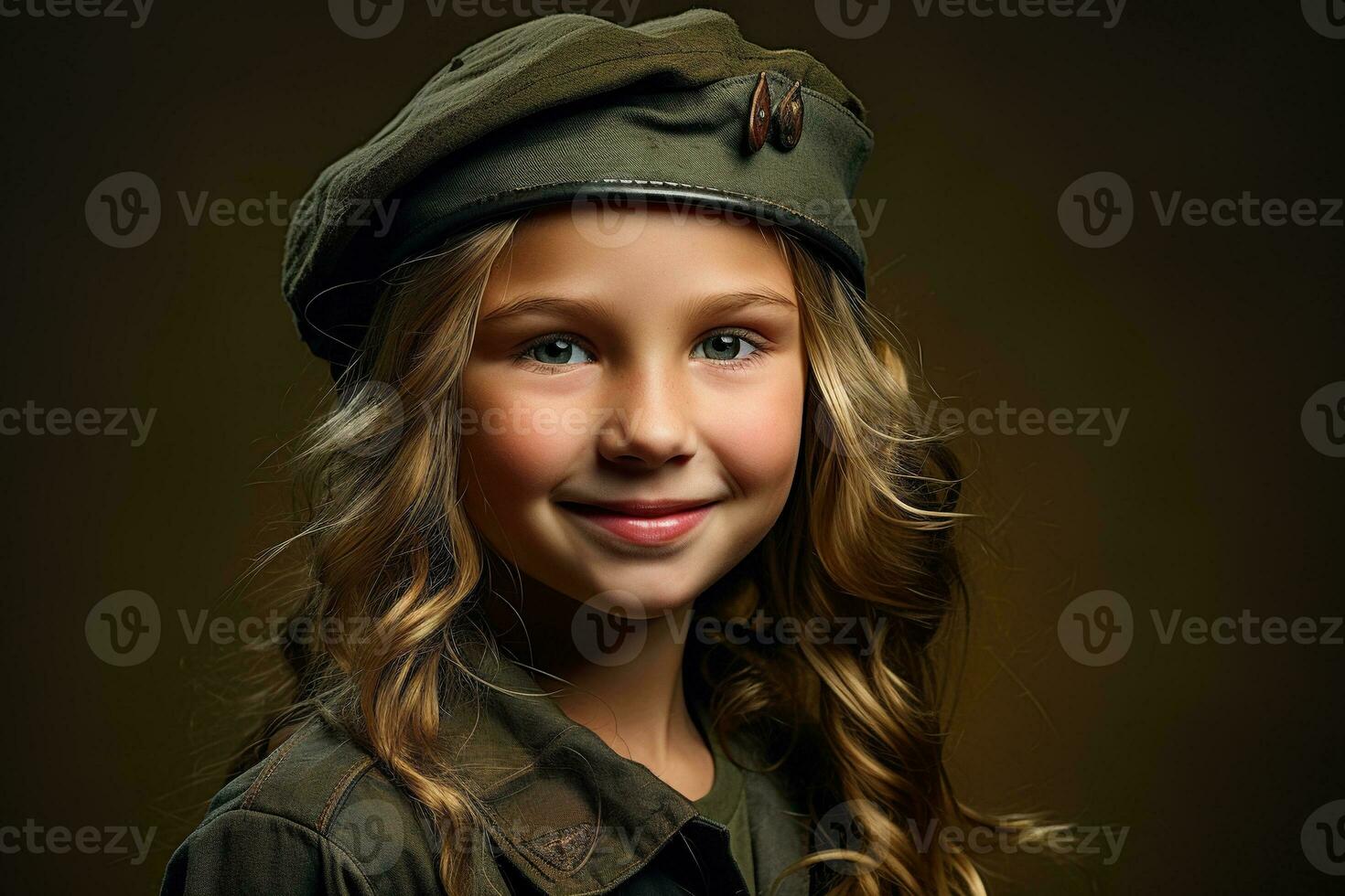 Porträt von ein wenig Mädchen im ein Militär- Uniform. Studio Schuss. ai generiert foto