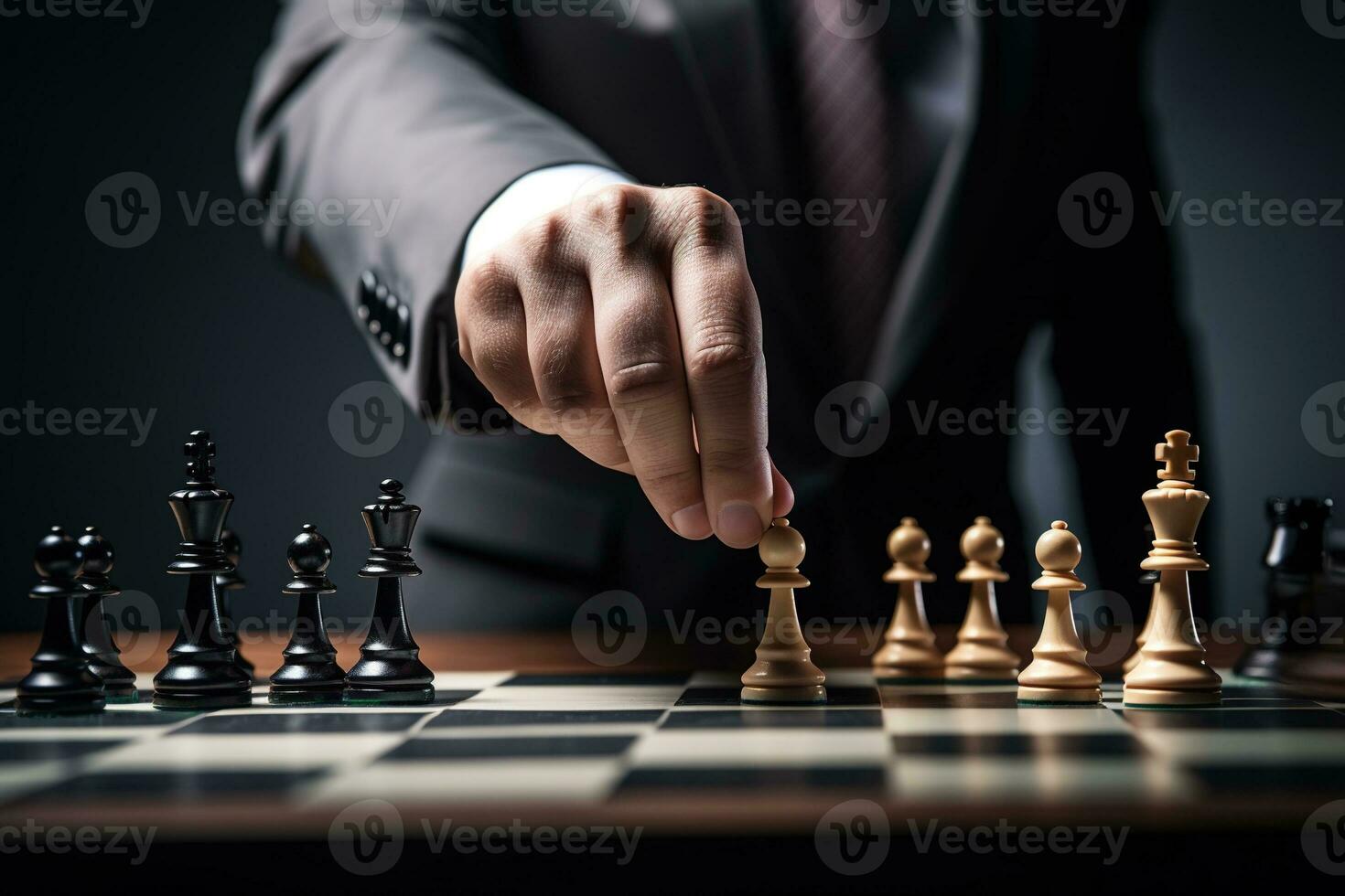 Nahansicht von Geschäftsmann spielen Schach. Geschäft Strategie und Führung Konzept ai generiert foto