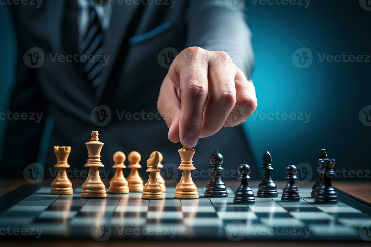 Nahansicht von Geschäftsmann spielen Schach. Geschäft Strategie und Führung Konzept ai generiert foto