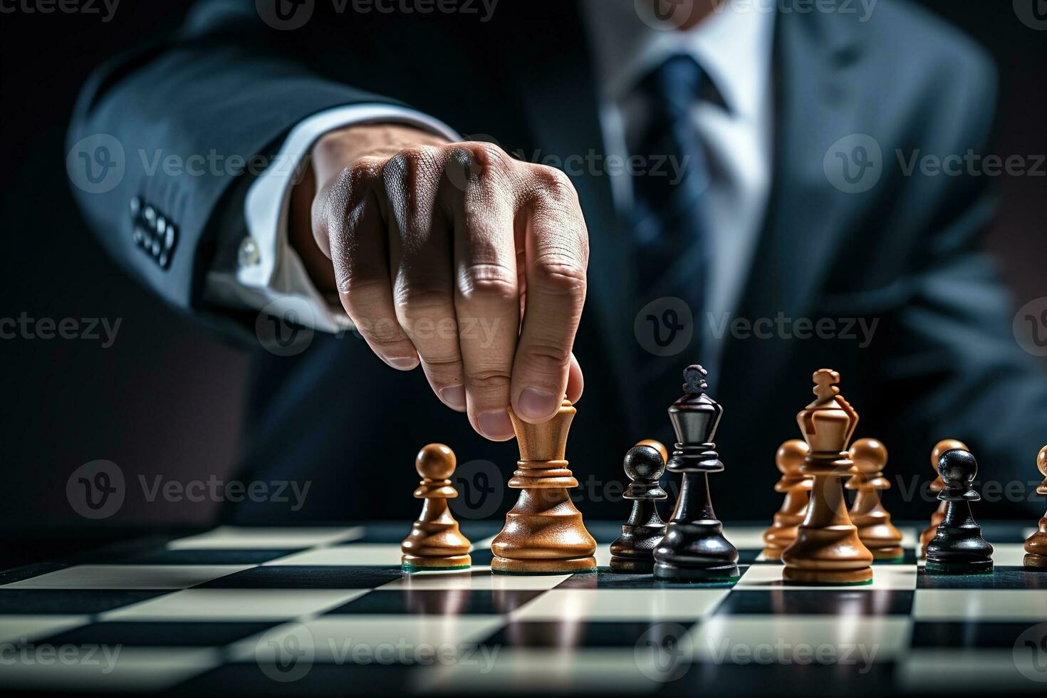 Nahansicht von Geschäftsmann spielen Schach. Geschäft Strategie und Führung Konzept ai generiert foto