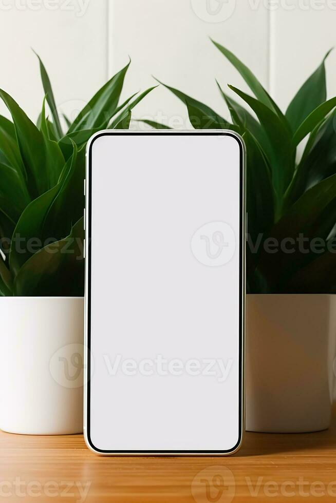Attrappe, Lehrmodell, Simulation Smartphone mit leer Bildschirm auf Tabelle mit Grün Pflanze ai generiert foto