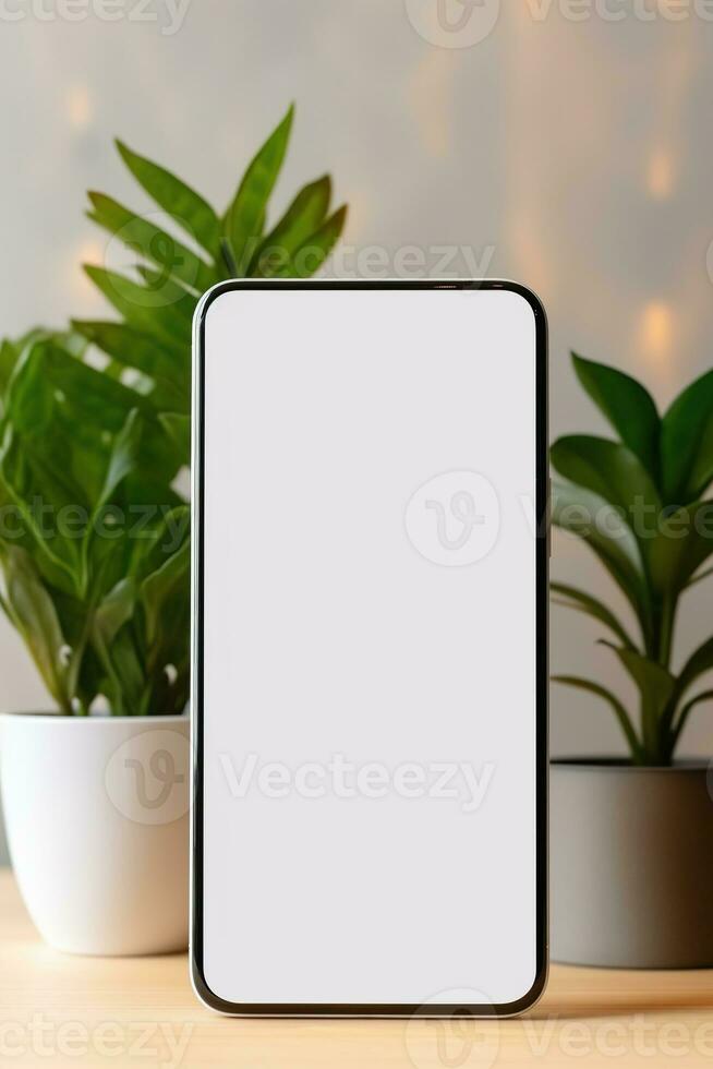 Attrappe, Lehrmodell, Simulation Smartphone mit leer Bildschirm auf Tabelle mit Grün Pflanze ai generiert foto