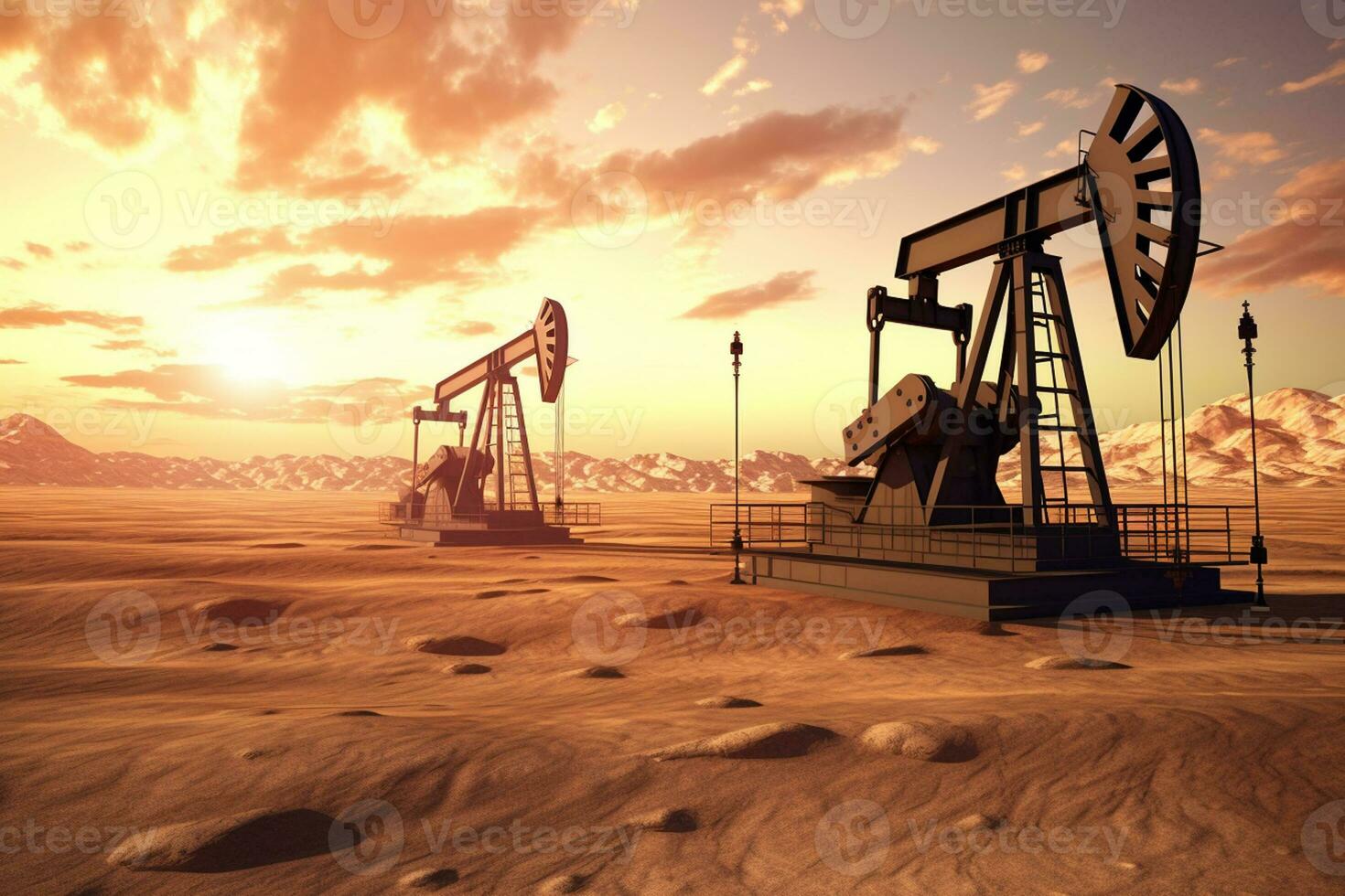 Öl Pumps beim Sonnenuntergang. Öl Industrie. 3d machen Illustration. ai generiert foto