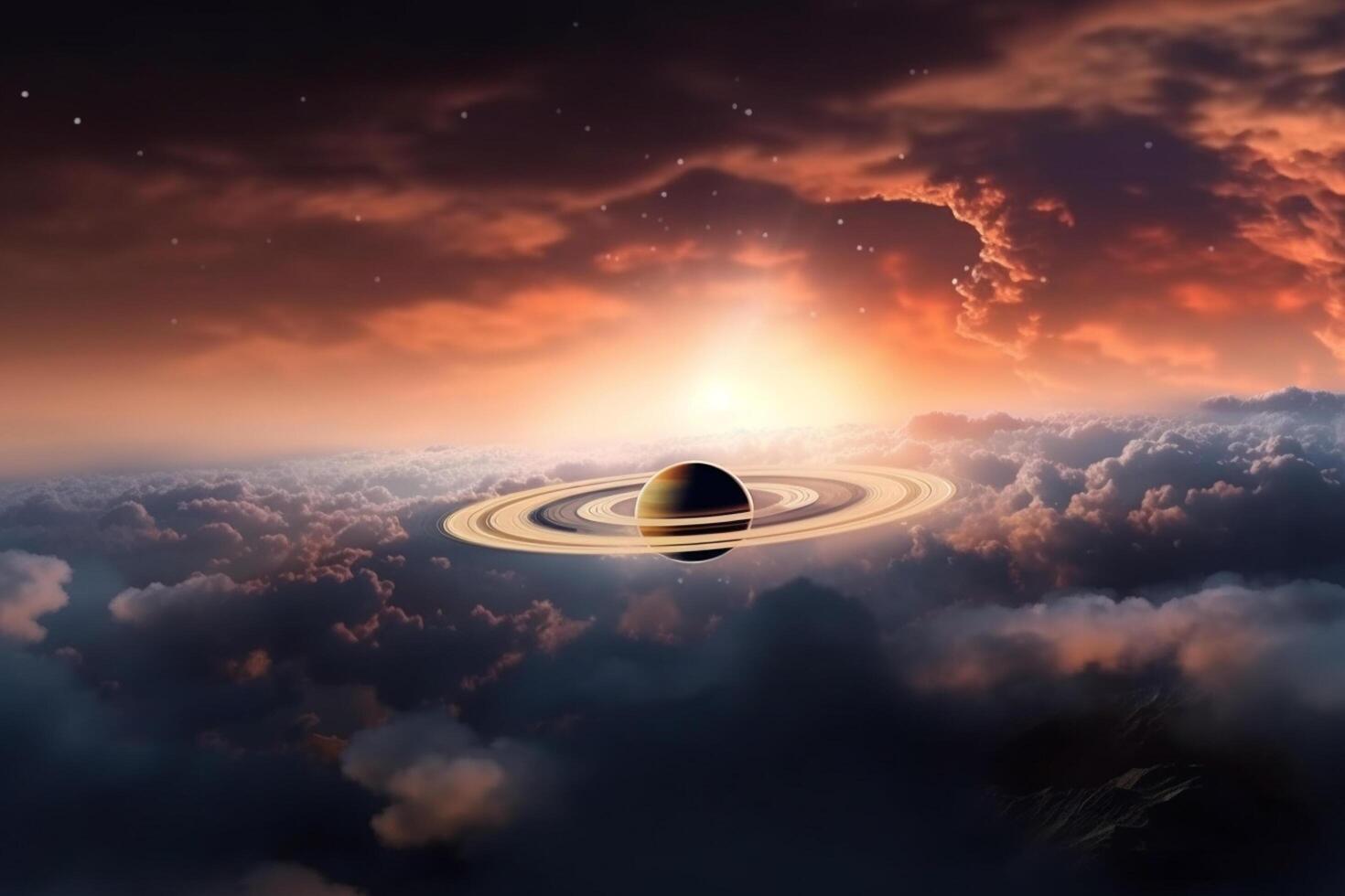 Saturn im das Wolken. Wissenschaft Fiktion Hintergrund. 3d Rendern ai generiert foto