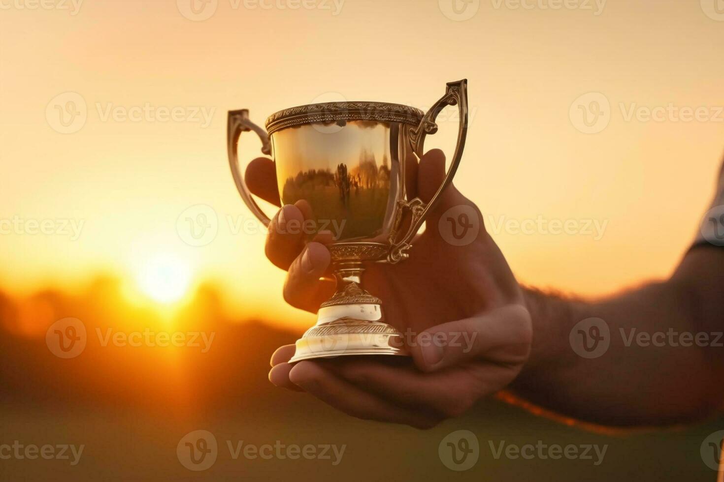 Nahansicht von ein Trophäe im das Hände von ein Mann beim Sonnenuntergang ai generiert foto