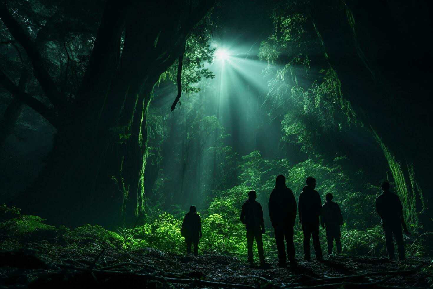 Silhouette von ein Gruppe von Menschen im Vorderseite von ein groß Kreis von Licht ai generiert foto