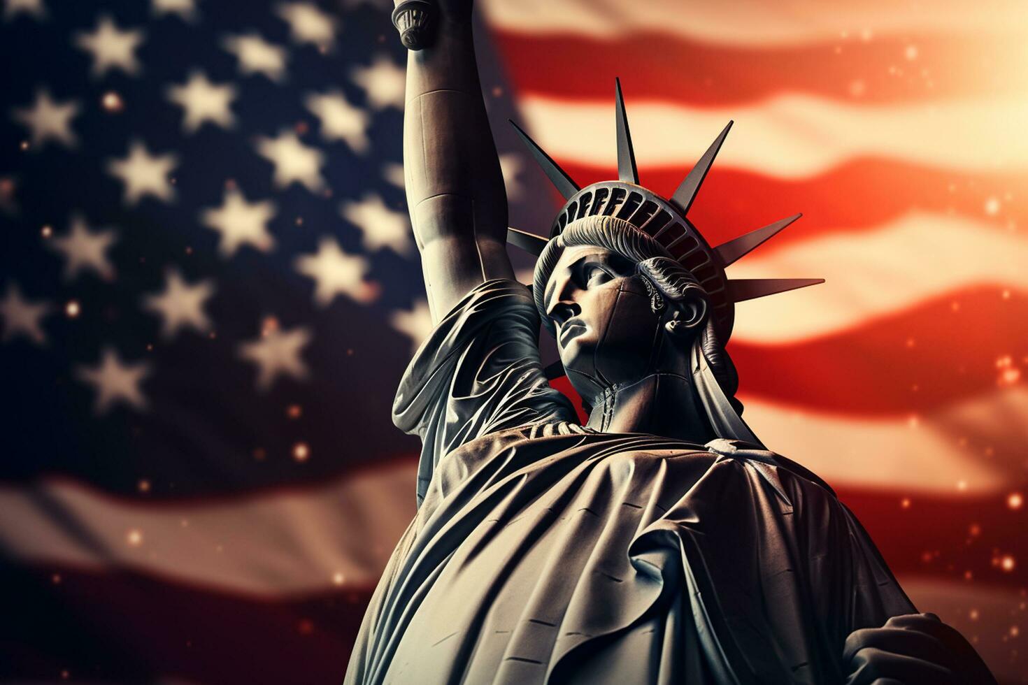 das Statue von Freiheit und das amerikanisch Flagge. das Konzept von das vereinigt Zustände von Amerika. ai generiert foto