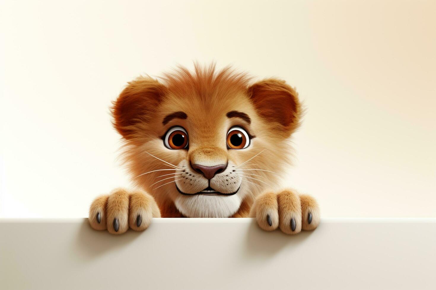 süß Löwe spähen von hinter ein Weiß Tafel auf ein Licht Hintergrund ai generiert foto