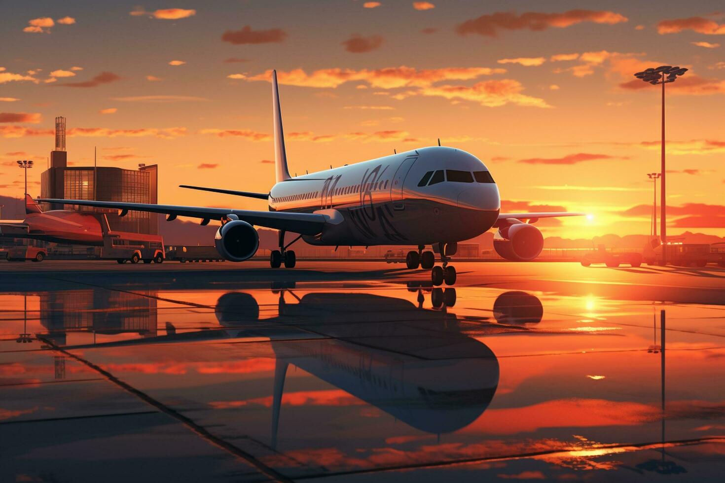 Flugzeug auf das Runway im das Flughafen beim Sonnenuntergang. 3d machen ai generiert foto