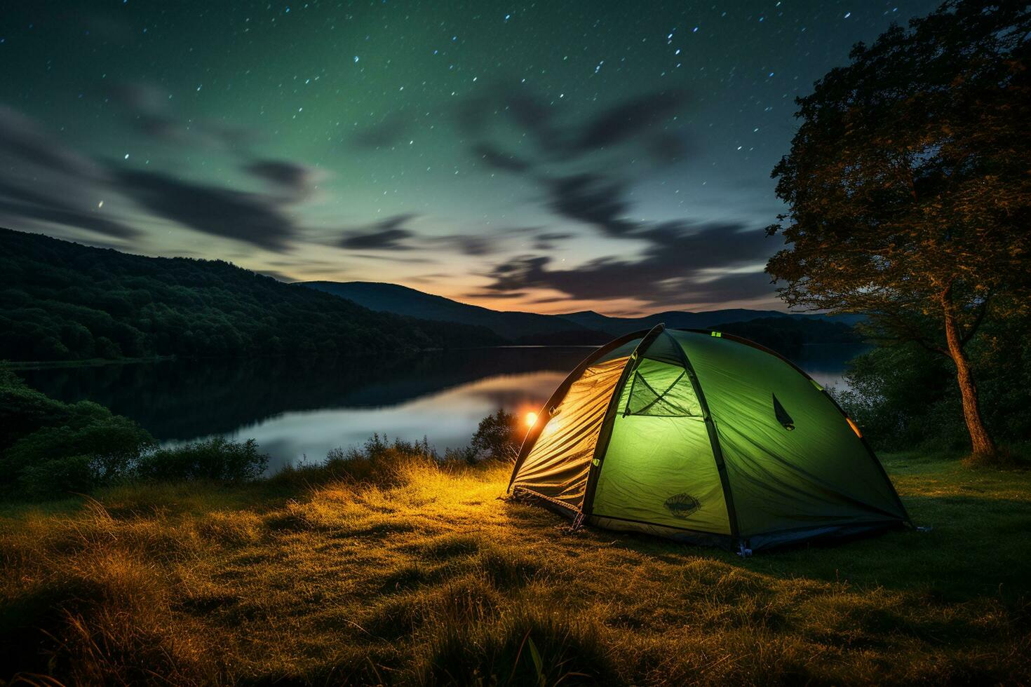 Camping Zelt auf das oben von das Berg während das Sonnenuntergang. ai generiert foto