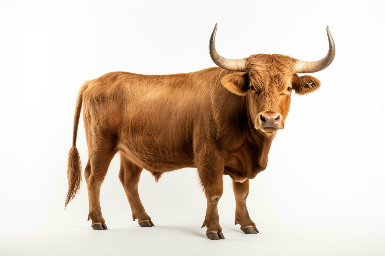 Porträt von ein braun Stier isoliert auf ein Weiß Studio Hintergrund. ai generiert foto