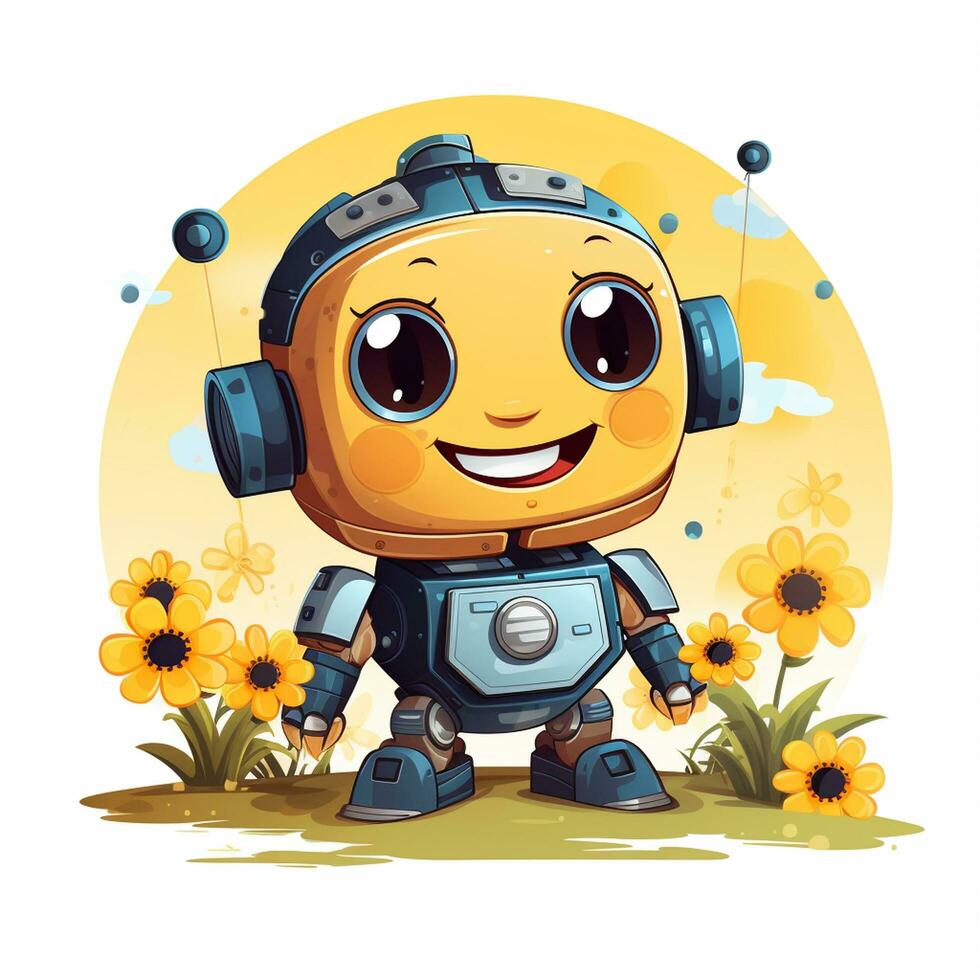 süß Karikatur Roboter mit Kopfhörer und Gelb Blumen. Vektor Illustration. ai generiert foto