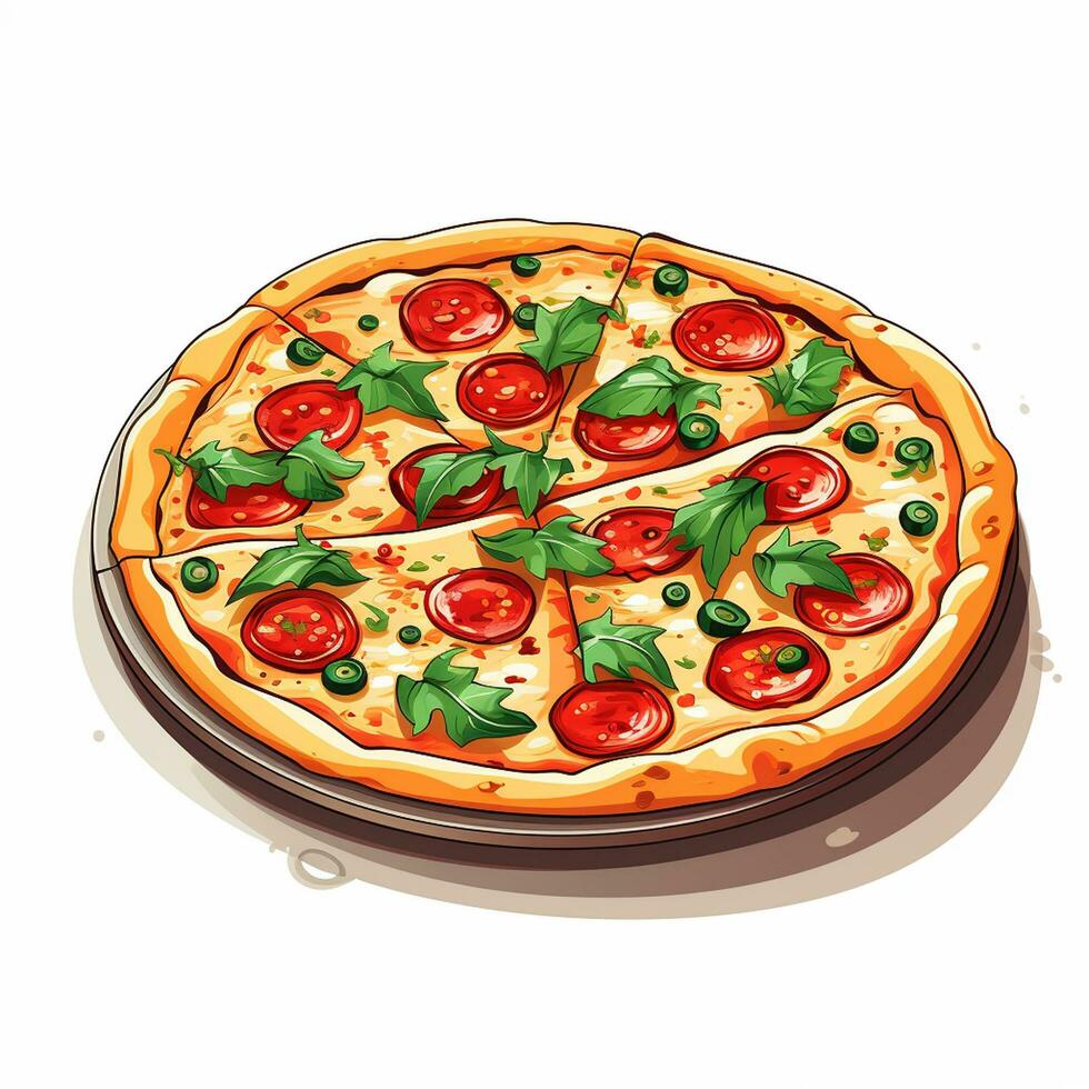 Illustration von ein Pizza mit Tomate und Petersilie auf ein Weiß Hintergrund ai generiert foto