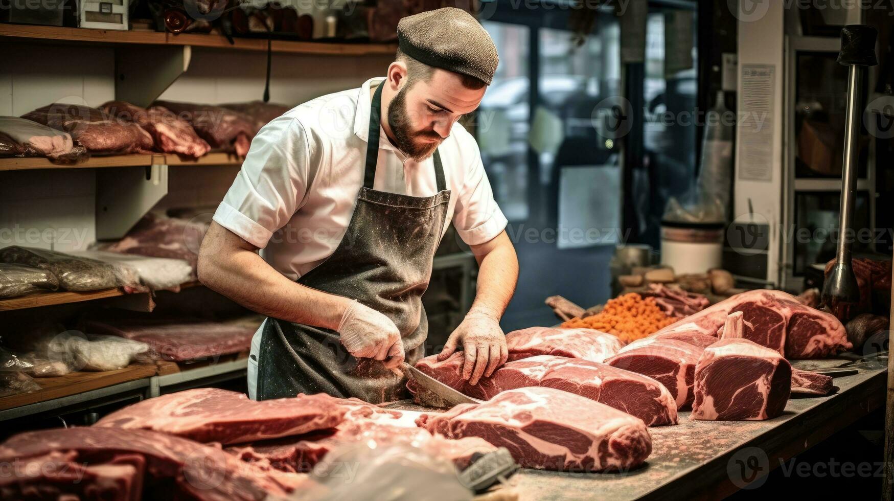 ein Metzger Schneiden Fleisch generativ ai foto